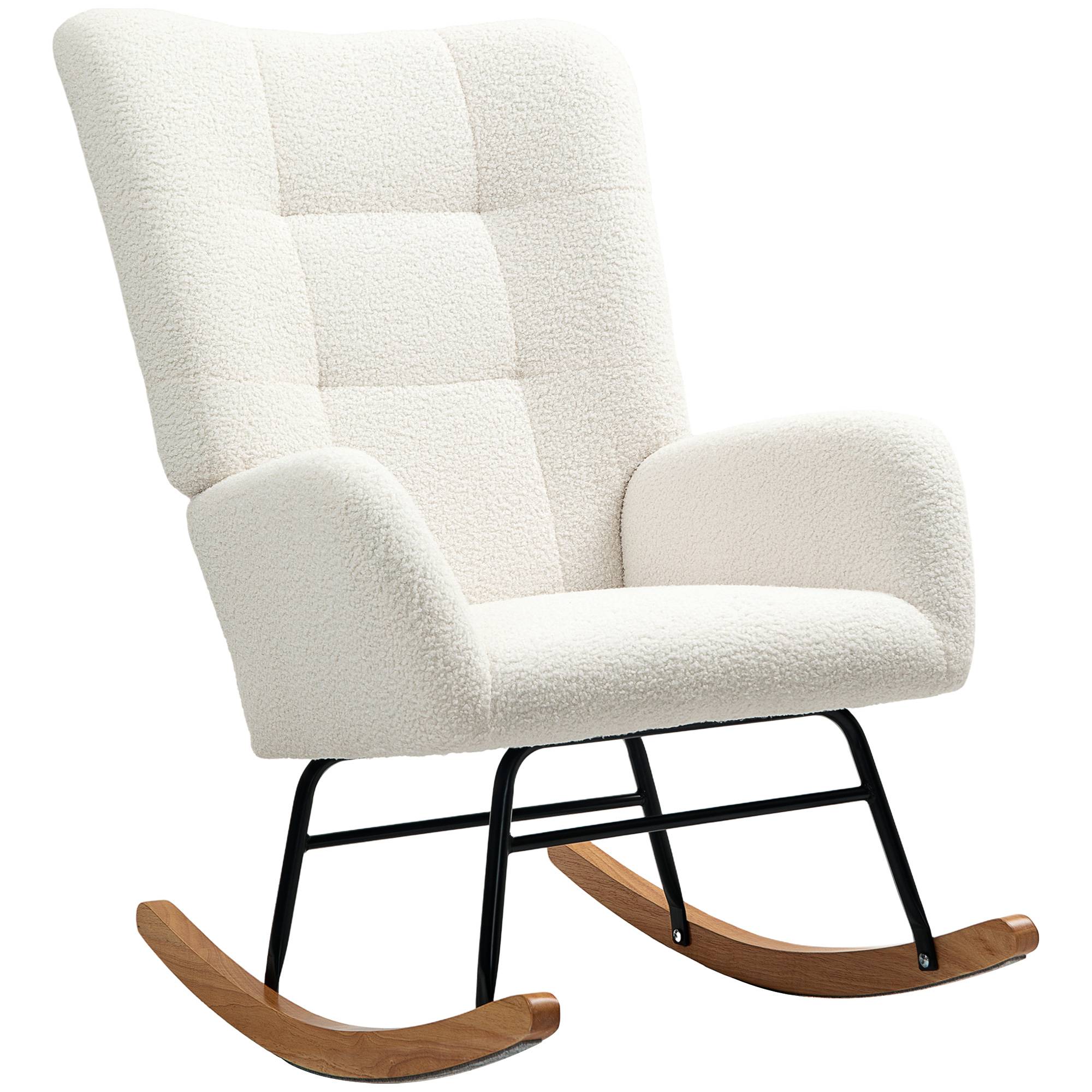 Sans Marque - Fauteuil à bascule en tissu effet laine bouclée avec pieds en bois massif d'hévéa pour chambre, salon, crème - Image 2