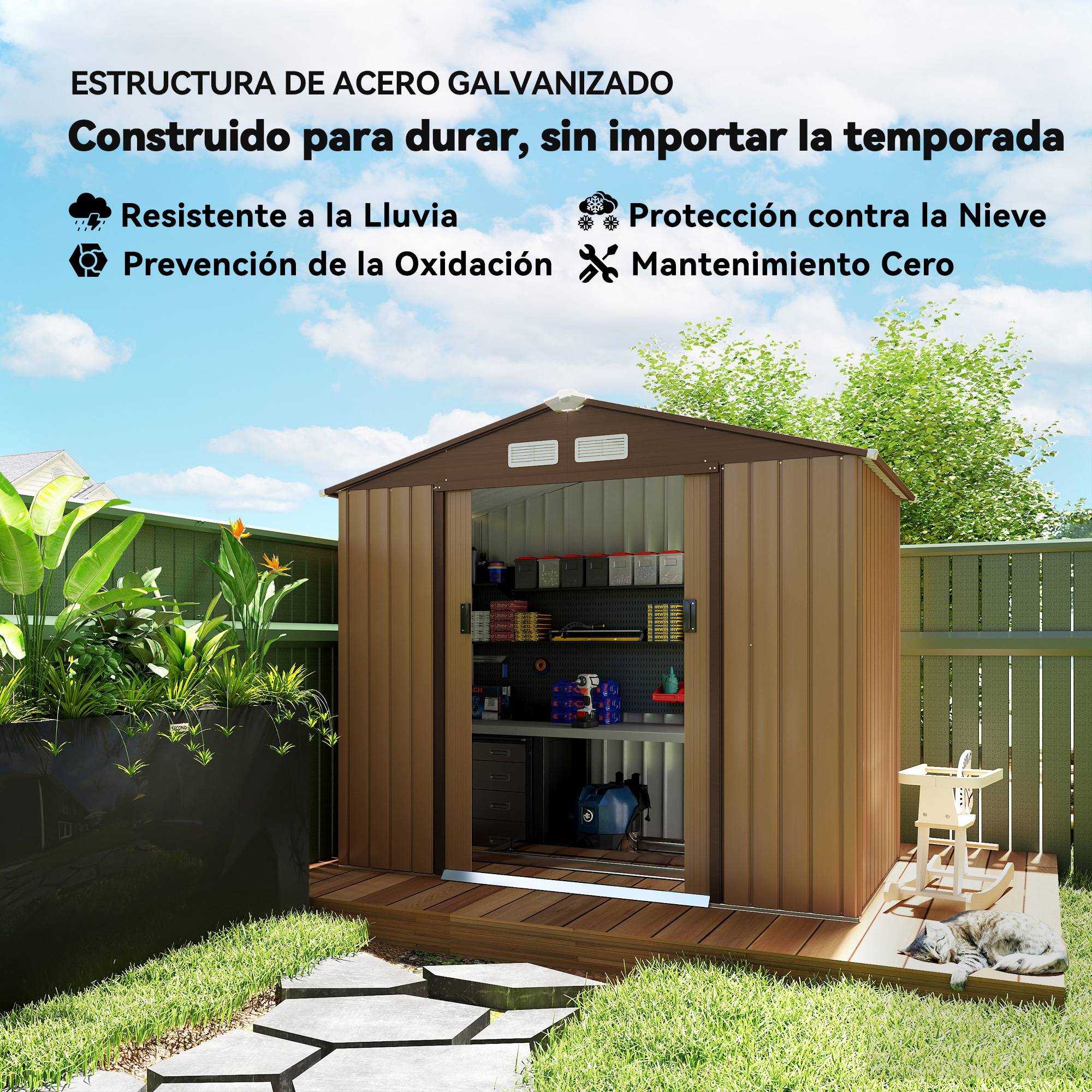 Abri de jardin acier galvanisé extérieur rangement outils toit incliné 213x130cm kaki - ComfortXL Outdoor Living - Image 6