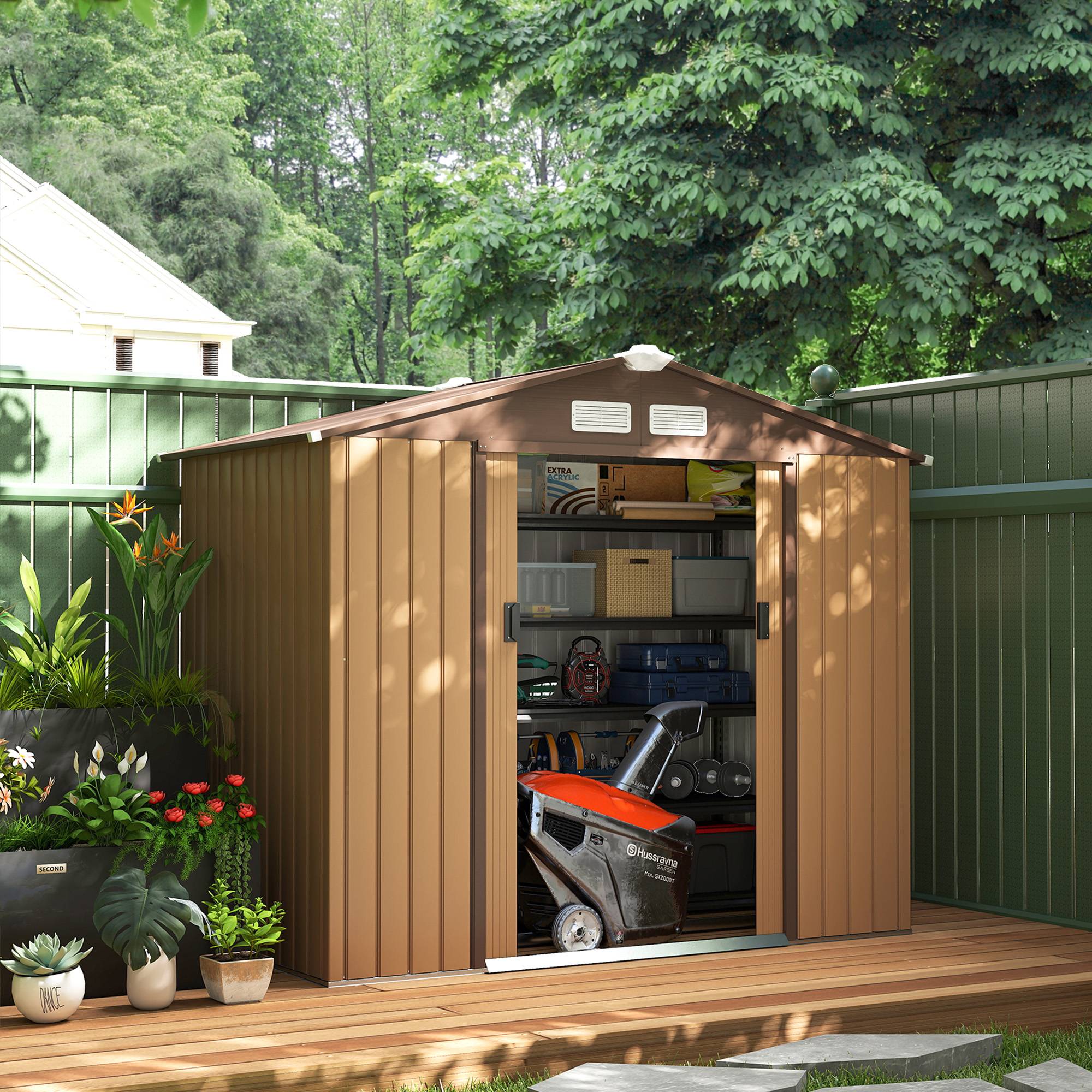 Abri de jardin acier galvanisé extérieur rangement outils toit incliné 213x130cm kaki - ComfortXL Outdoor Living - Image 4