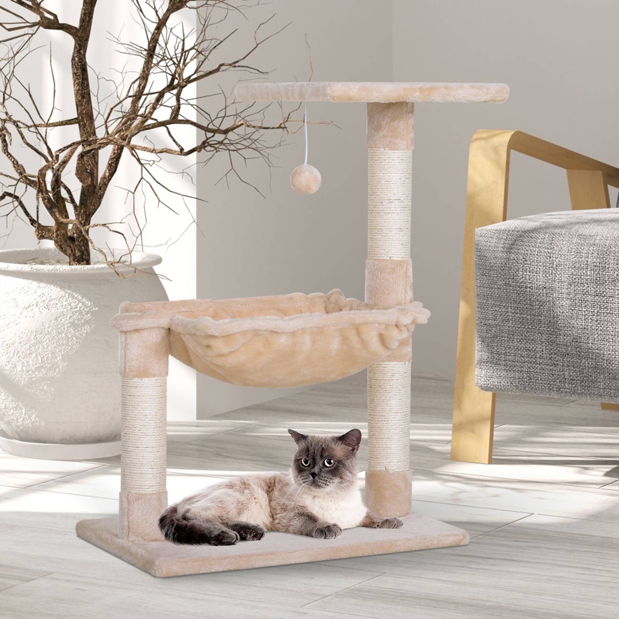 Arbre à chat beige 50x36x70 cm, griffoir, plateforme, hamac, poteaux sisal, confortable - Image 3