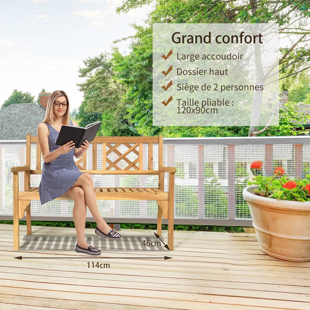 Maison Chic - Banc de Jardin en Teck Pliable Bois 120x56x90cm à 2 Places Dossier Incurvé et Accoudoirs - Image 7