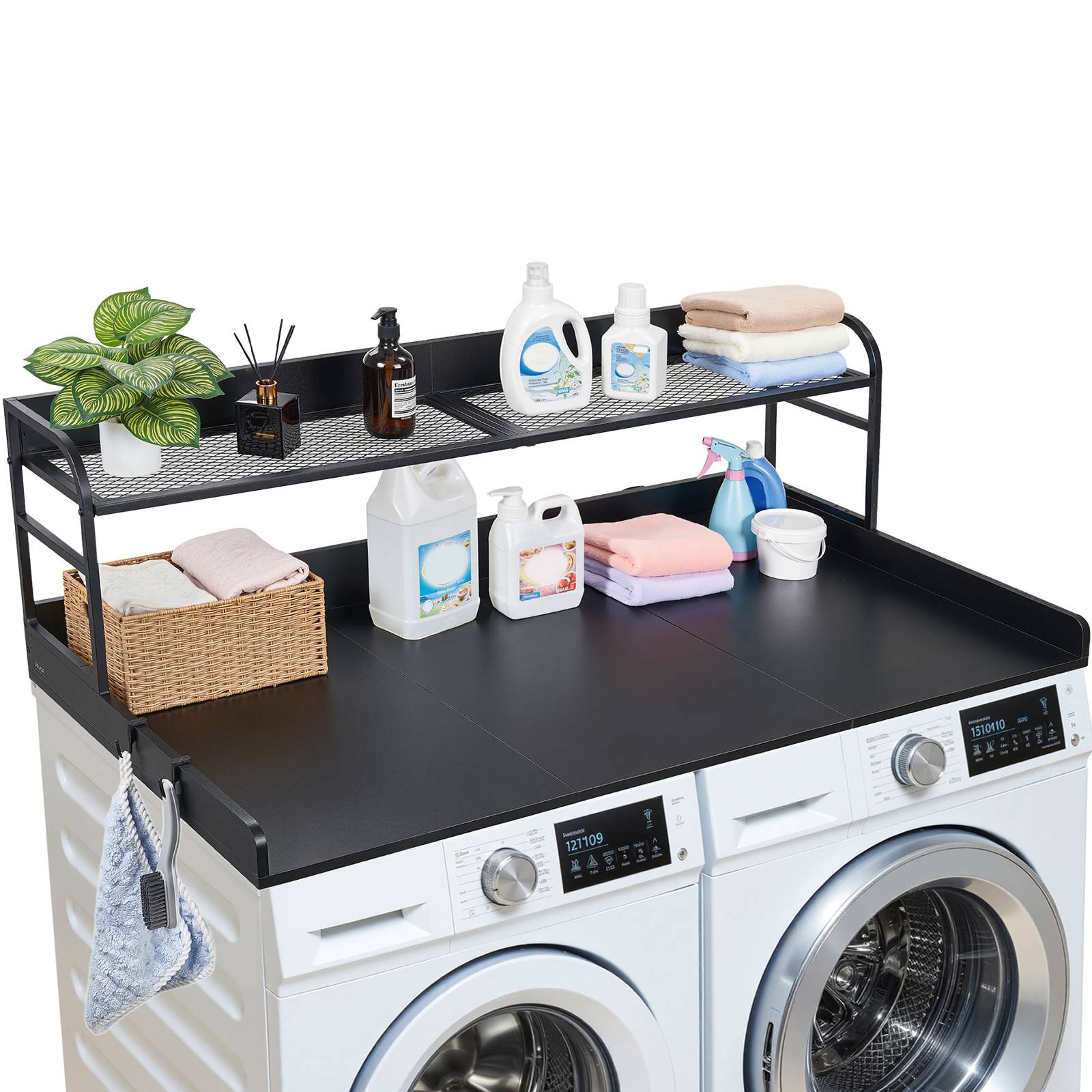 Vevor - VEVOR Plan de travail pour lave-linge et sèche-linge 137x69,9 cm, étagère et crochets, plateau en bois avec rebord, noir