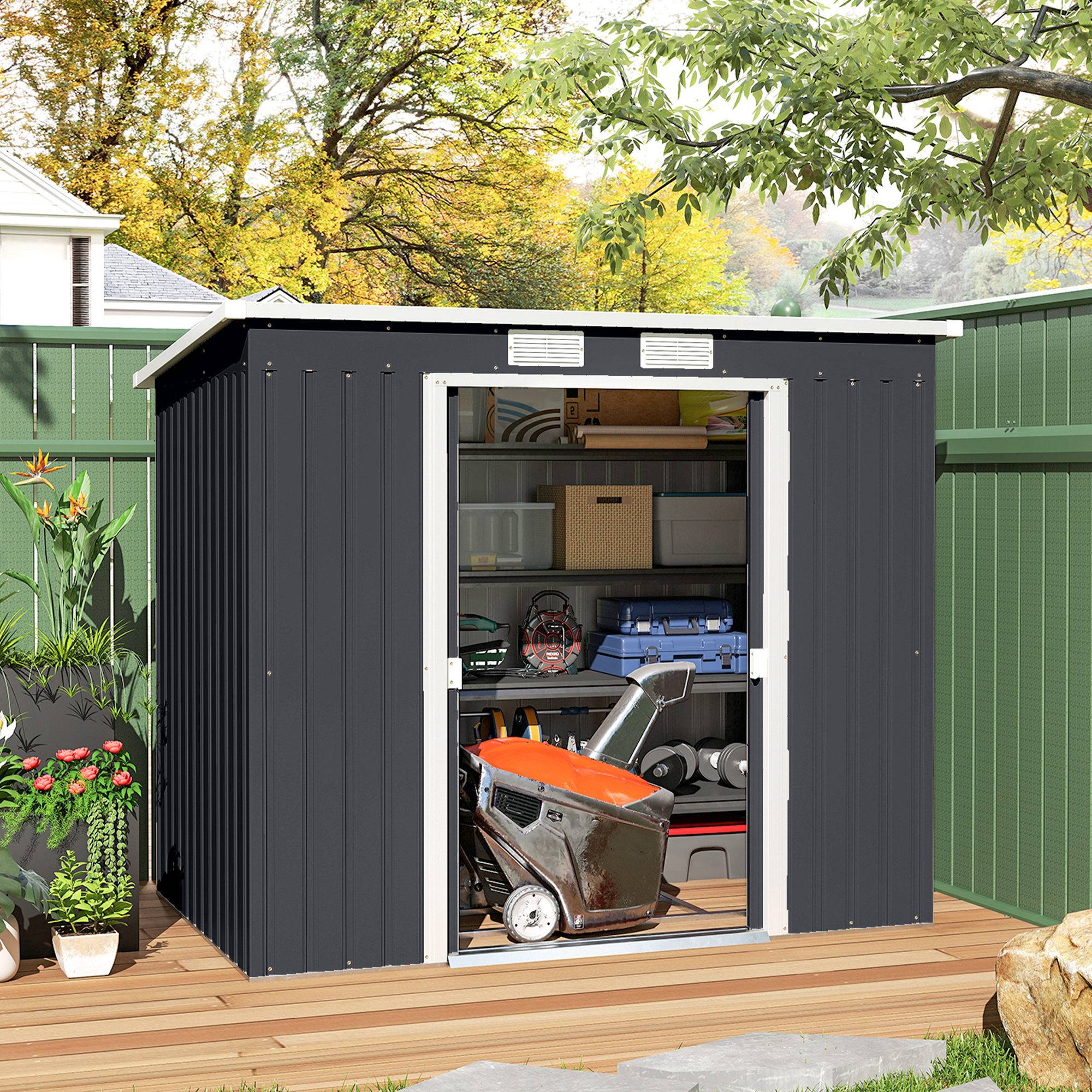Abri jardin gris 2,4 m² 213x130x172 cm porte coulissante toit pente base rangement outils extérieur - Image 4