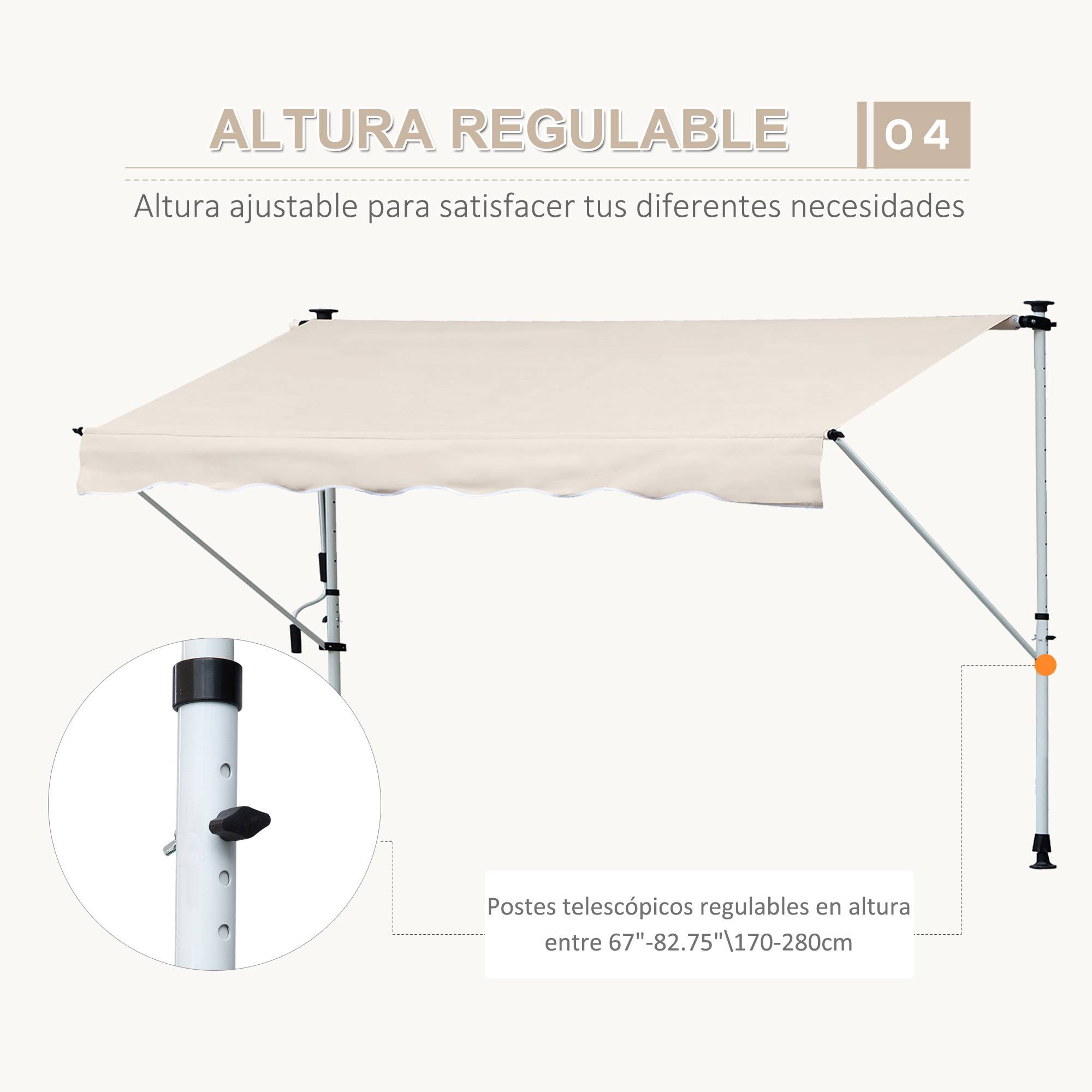 Store Banne Rétractable Manuel 4 x 1,2 m, Hauteur Réglable 170–280 cm, Sans Perçage, Terrasse, Balcon et Jardin, Beige - Image 9