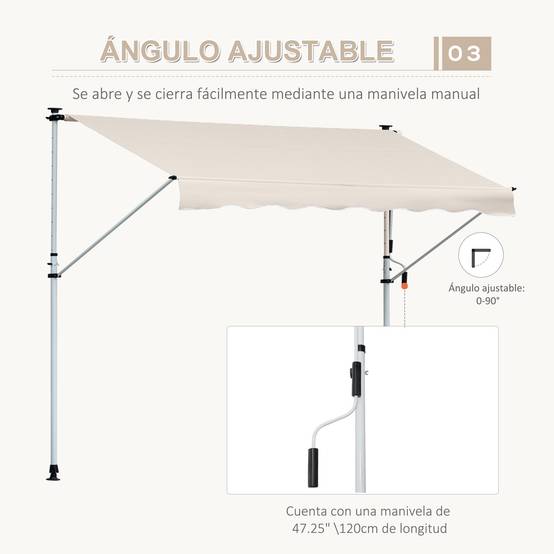 Store Banne Rétractable Manuel 4 x 1,2 m, Hauteur Réglable 170–280 cm, Sans Perçage, Terrasse, Balcon et Jardin, Beige - Image 8