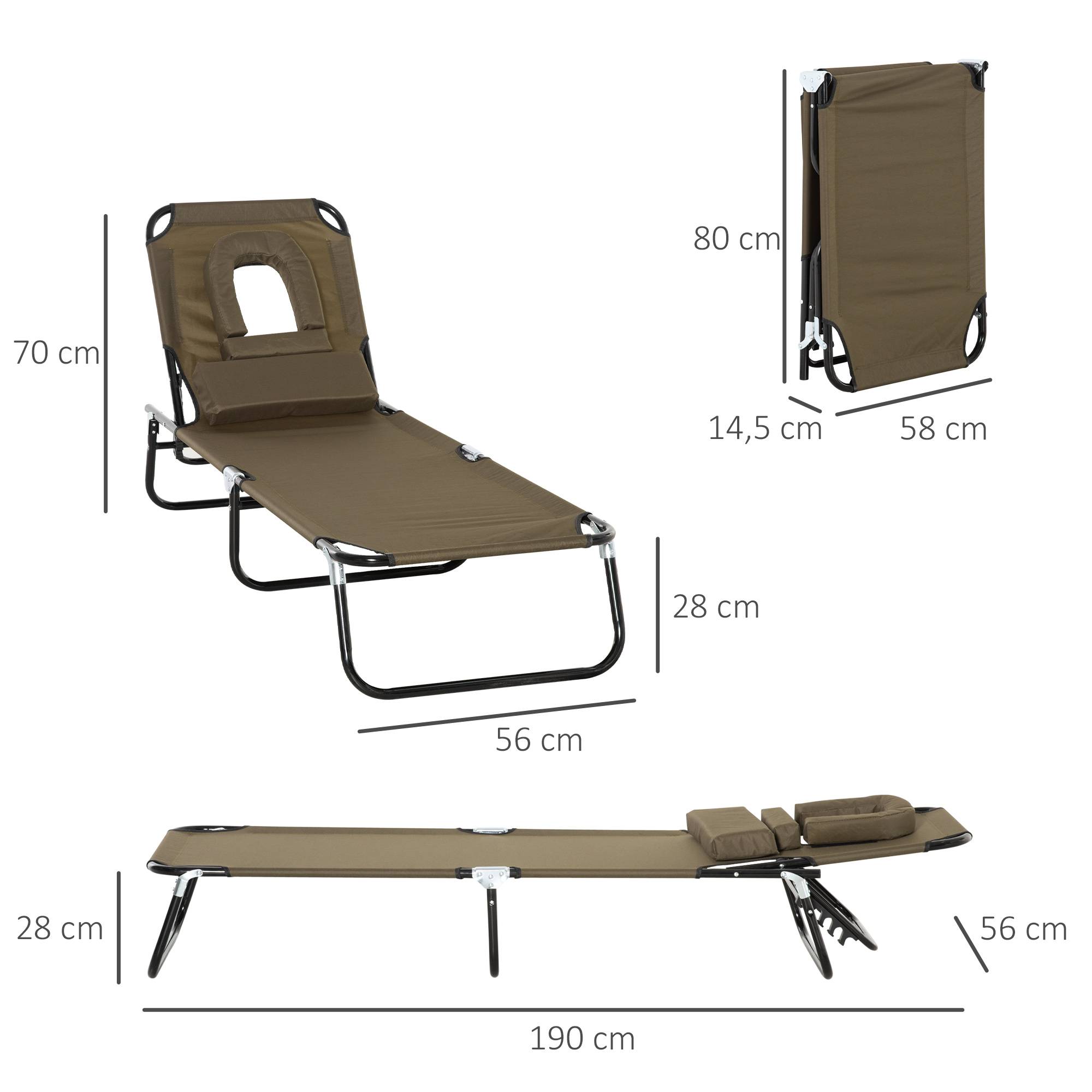 Sans Marque - Transat de Jardin Chaise Longue Pliante Bain de Soleil avec Appuie-tête, Trou de lecture et Dossier Inclinable, Marron - Image 5