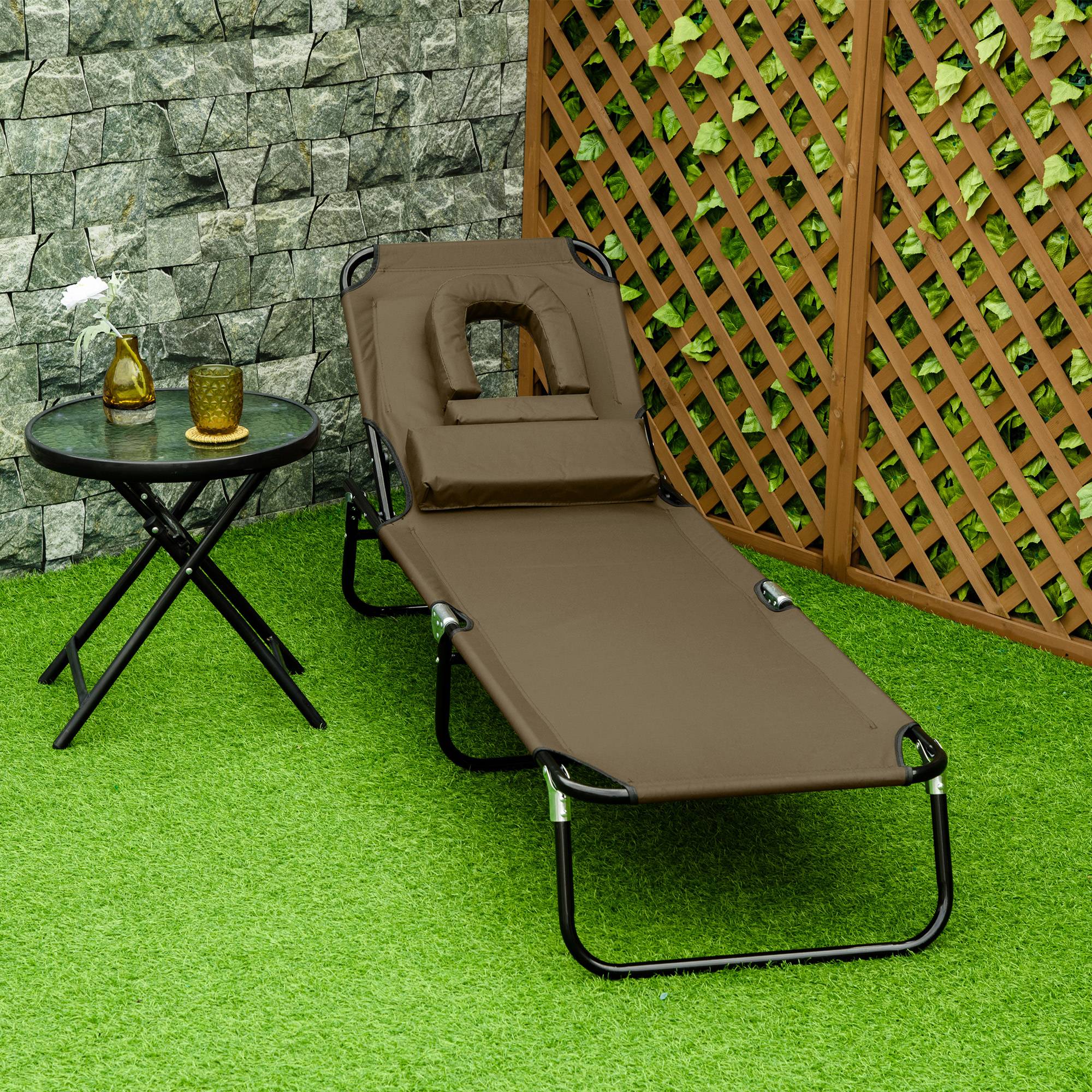 Sans Marque - Transat de Jardin Chaise Longue Pliante Bain de Soleil avec Appuie-tête, Trou de lecture et Dossier Inclinable, Marron - Image 3