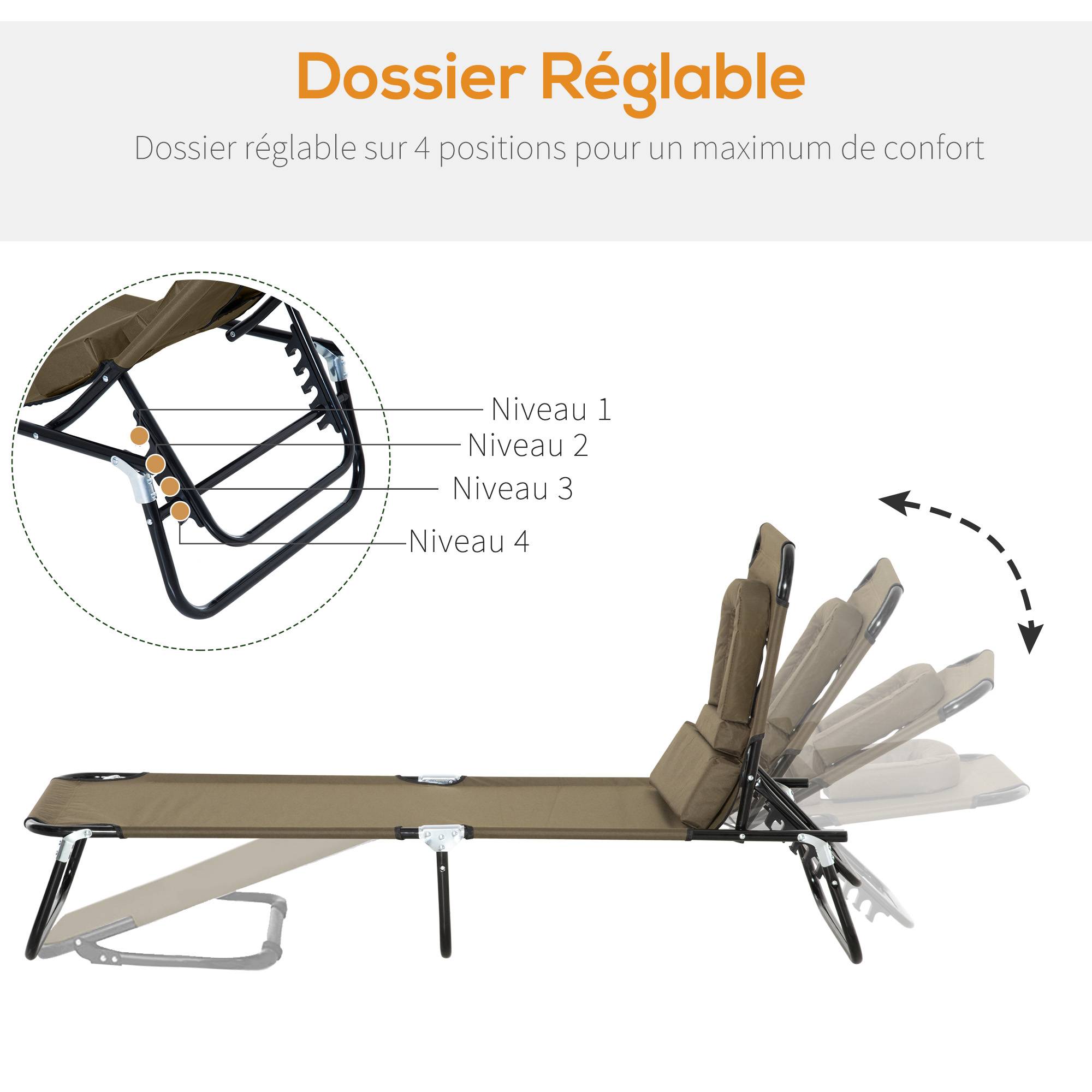 Sans Marque - Transat de Jardin Chaise Longue Pliante Bain de Soleil avec Appuie-tête, Trou de lecture et Dossier Inclinable, Marron - Image 6