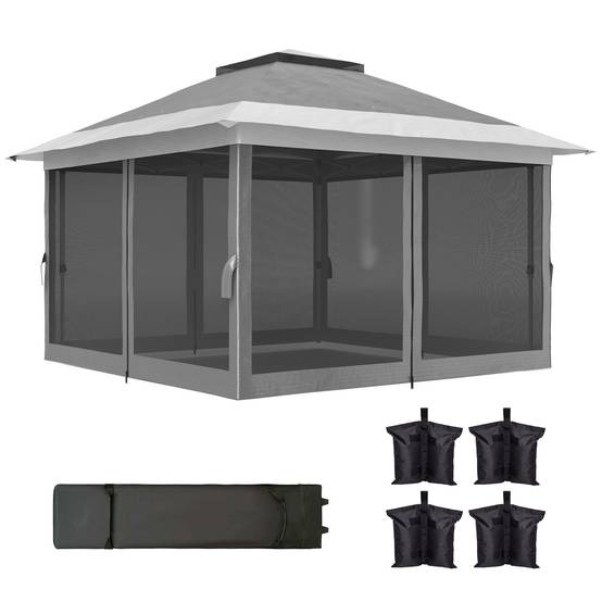 Tonnelle pliante 3,6 x 3,6 m avec parois en maille anti-UV50+, hauteur réglable, sac de transport à roulettes et sacs de lestage, grise - Image 2