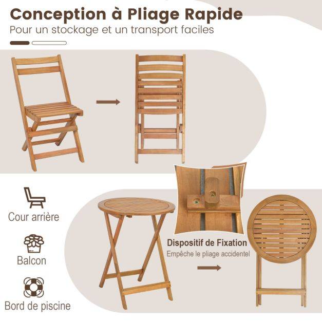 Helloshop26 - 3pcs salon de jardin pliable en bois d'acacia ensemble de table et 2 chaises conception à lattes salon terrasse bistrot - Image 3