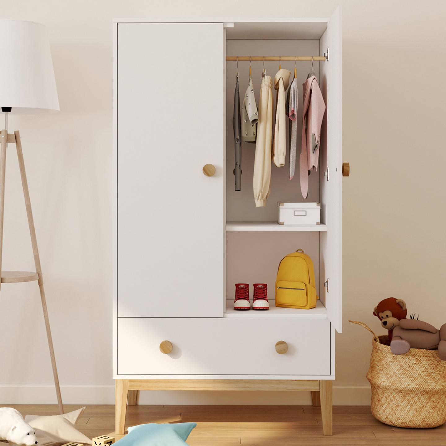 Armoire enfant 2 portes JACOB avec tiroir blanc et bois - Image 1