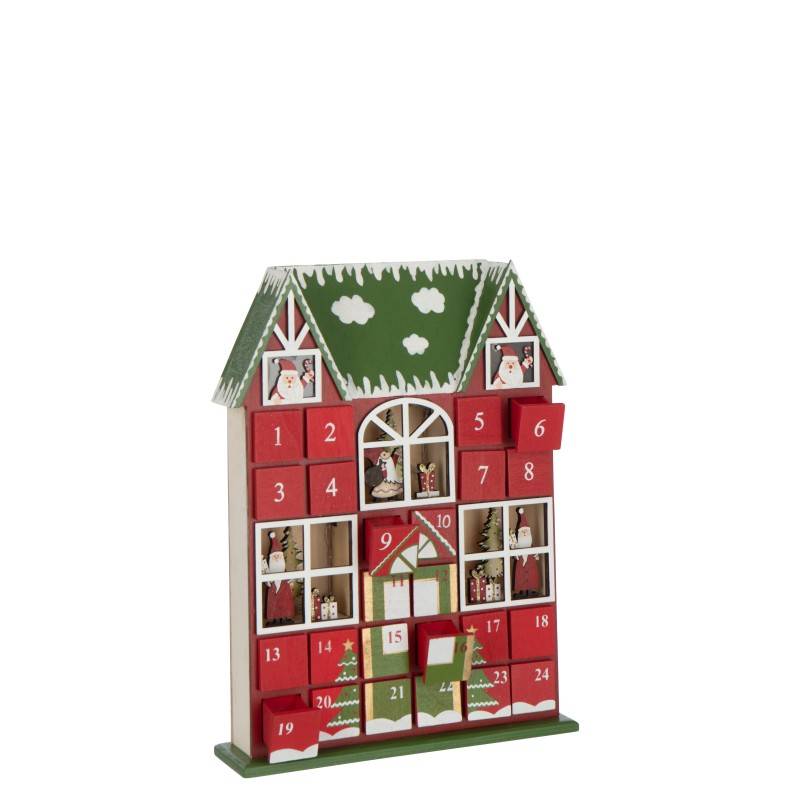 Calendrier de l'Avent maison à led en bois rouge 25.5x6.5x34.5 cm - J-Line - Image 2