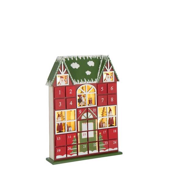Calendrier de l'Avent maison à led en bois rouge 25.5x6.5x34.5 cm - J-Line - Image 1