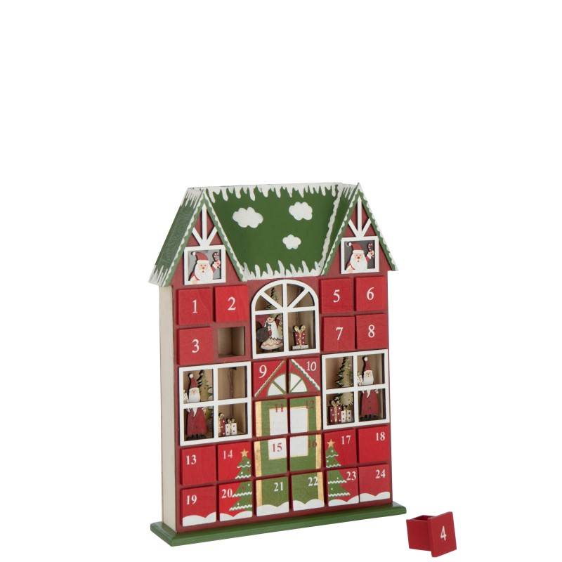 Calendrier de l'Avent maison à led en bois rouge 25.5x6.5x34.5 cm - J-Line - Image 3