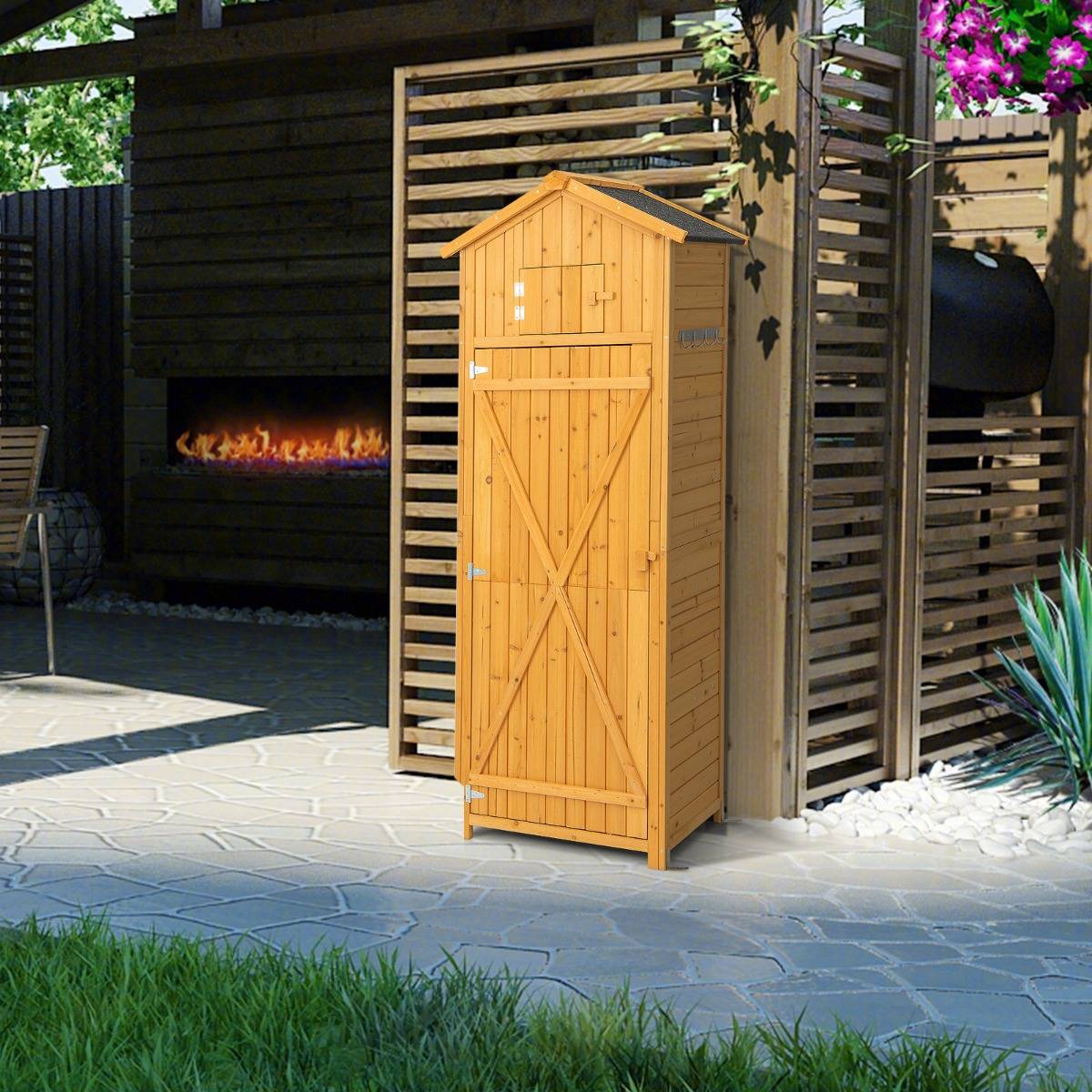 Armoire de Jardin 0.38m² Bois Imperméable avec Toit Abri de Jardin avec Table Pliable Étagères et 8 Crochets 75x50x180,5CM F42R MAISON CHIC - Image 2