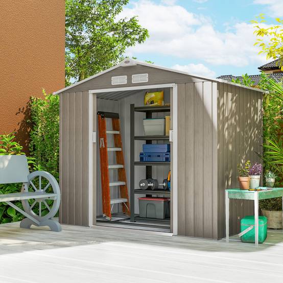 Abri de jardin de 2,42 m² (213 x 130 x 185 cm) avec 2 portes coulissantes, toit en pente et 4 fenêtres imitation bois - Image 10