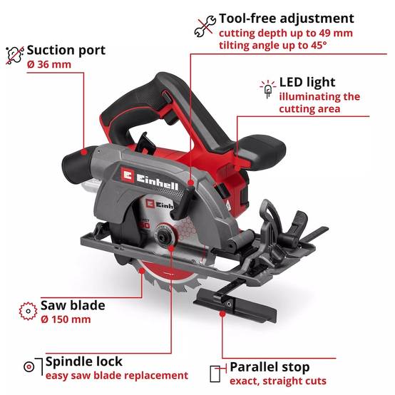 Einhell - Scie circulaire portative sans fil – TE-CS 18/150-2 Li – Ø 150 mm – 18 V – Profondeur 49 mm – LED – Raccord aspirateur Einhell - Image 4