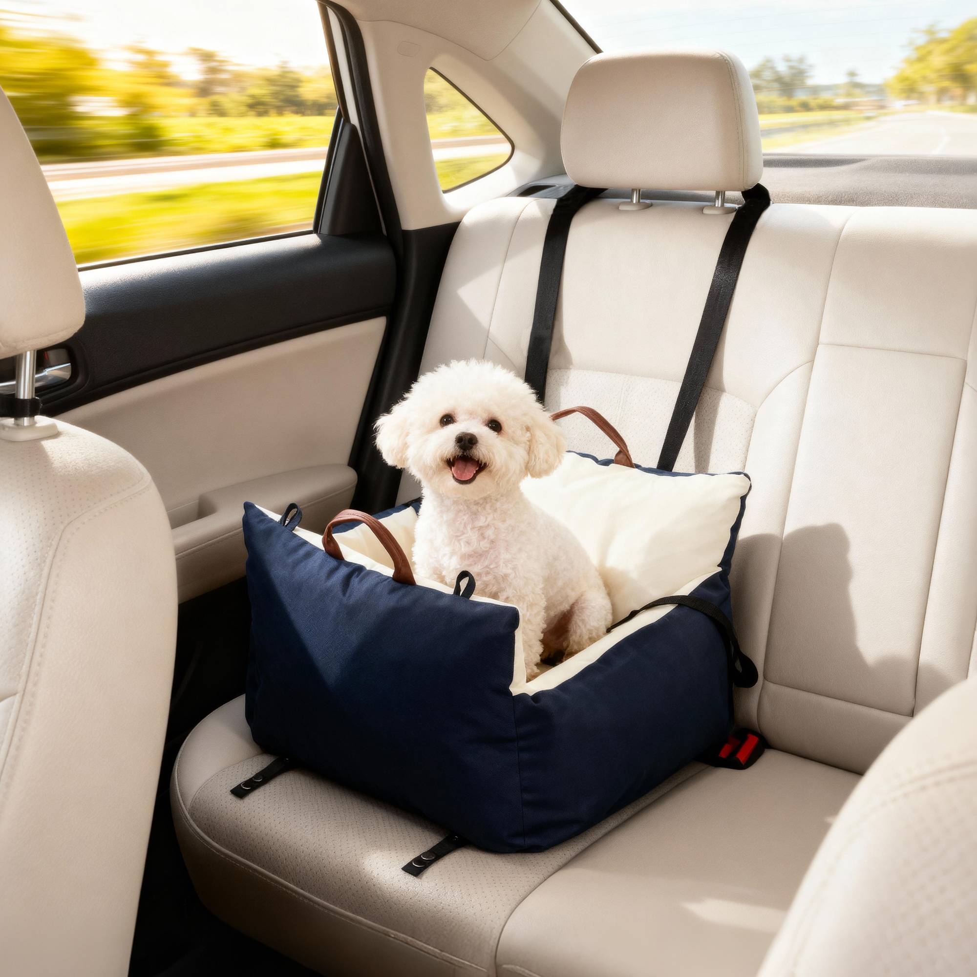 Siège auto pour chien avec ceinture de sécurité et fixation siège de voiture pour chien rembourré 49x53x36cm bleu marine - Image 4