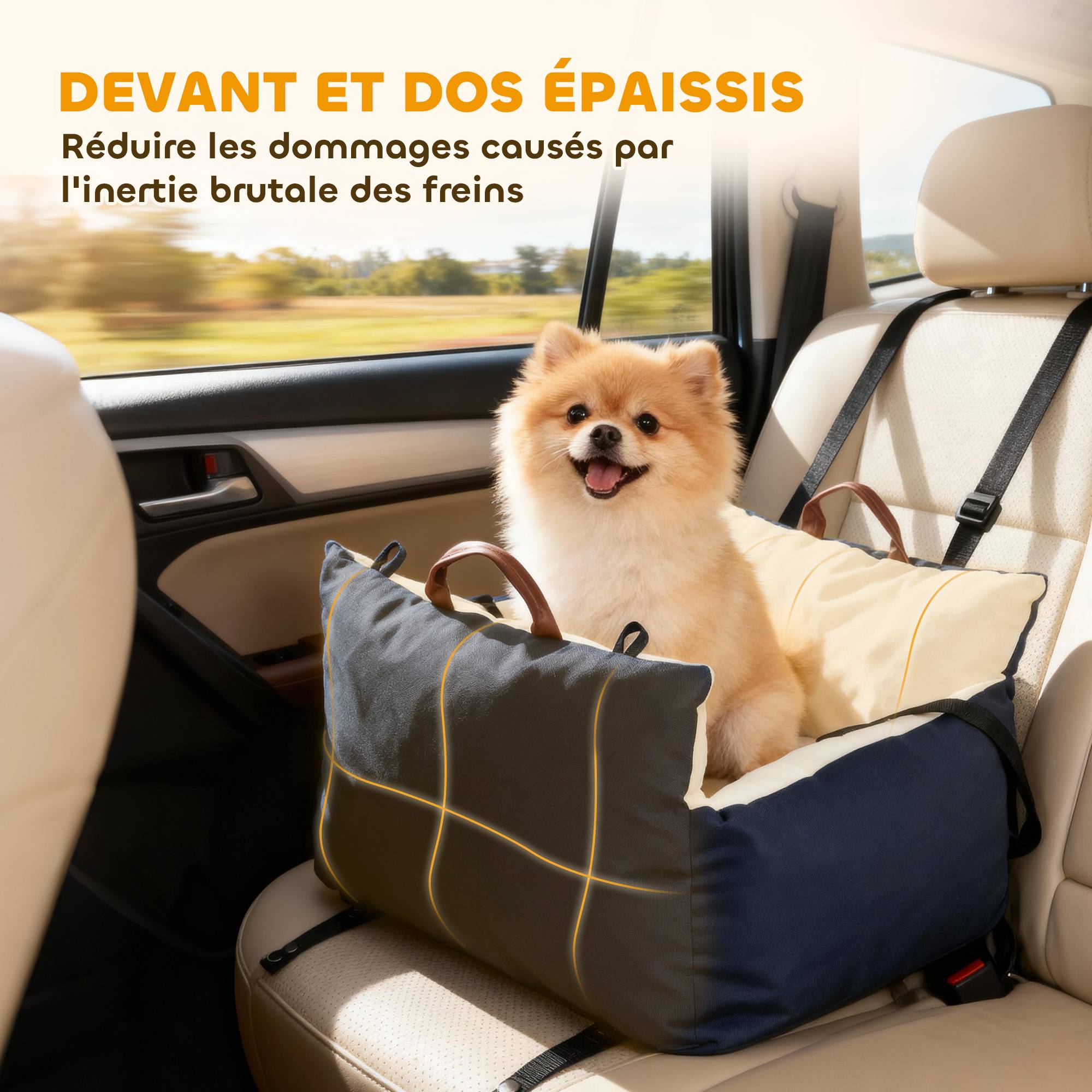 Siège auto pour chien avec ceinture de sécurité et fixation siège de voiture pour chien rembourré 49x53x36cm bleu marine - Image 7