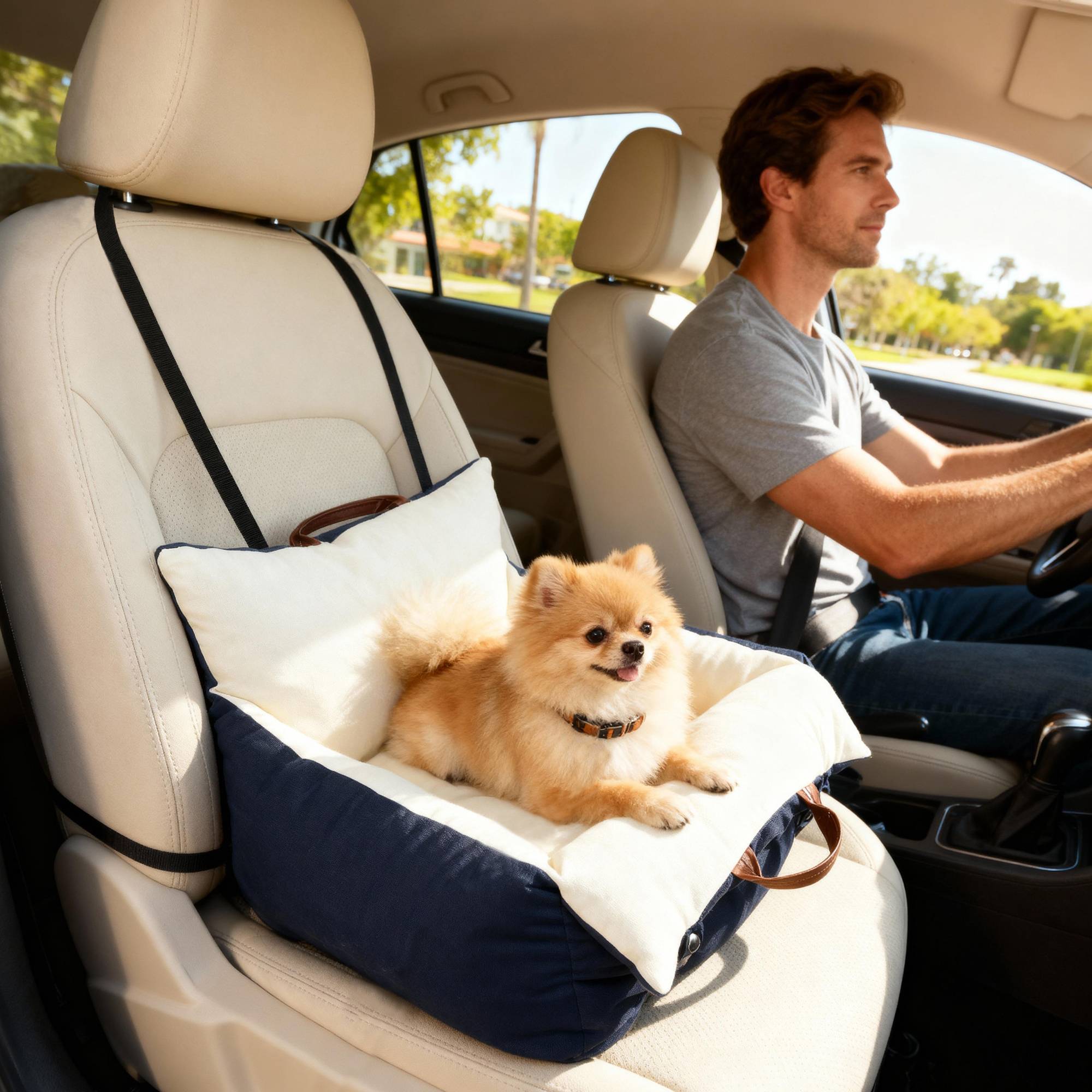 Siège auto pour chien avec ceinture de sécurité et fixation siège de voiture pour chien rembourré 49x53x36cm bleu marine - Image 3
