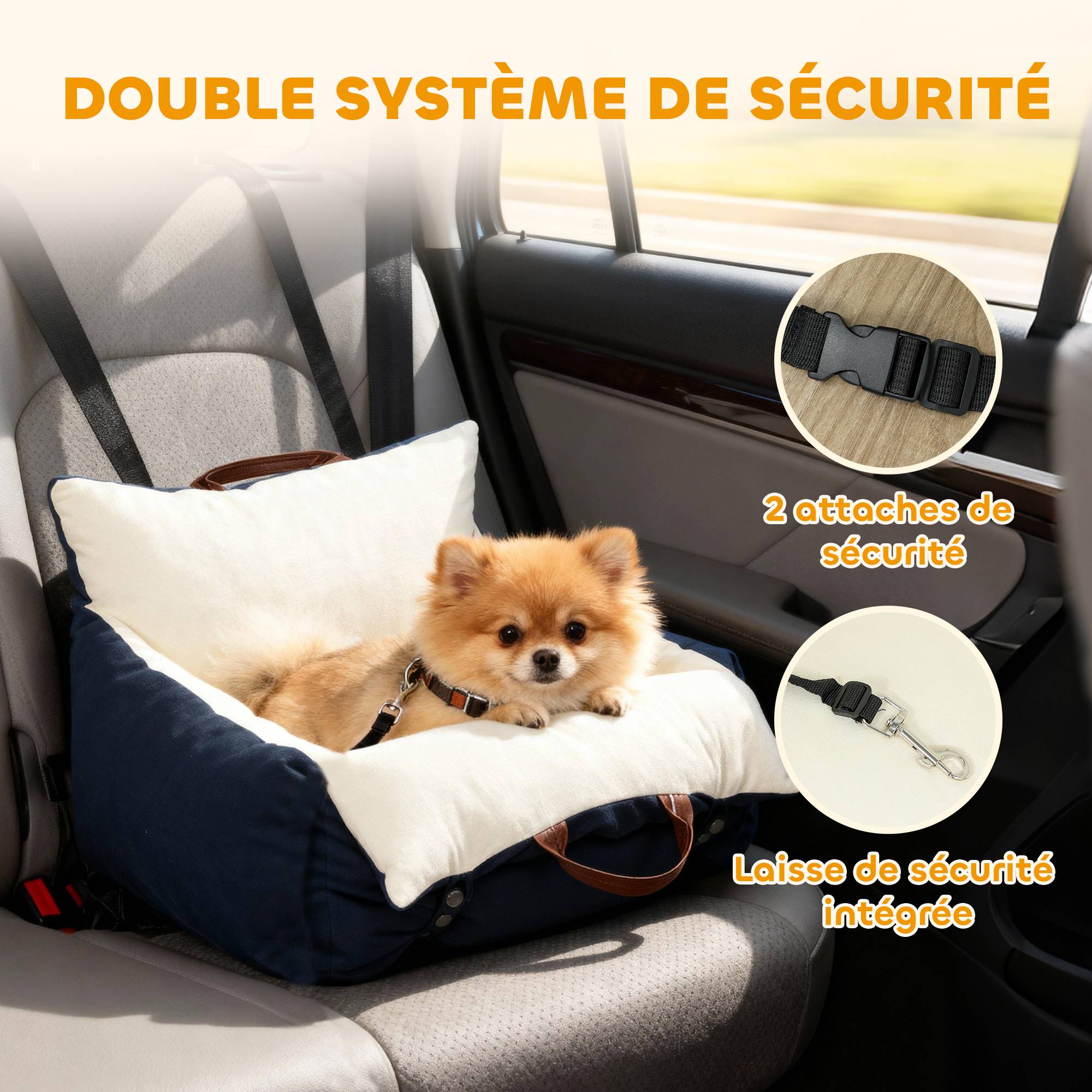 Siège auto pour chien avec ceinture de sécurité et fixation siège de voiture pour chien rembourré 49x53x36cm bleu marine - Image 6