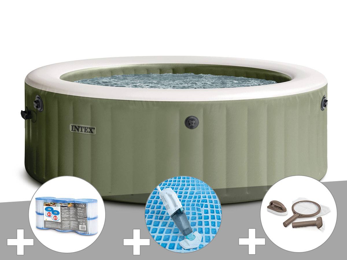 Kit spa gonflable Intex PureSpa Olive rond Bulles 4 places + 6 filtres + Aspirateur + Kit d'entretien