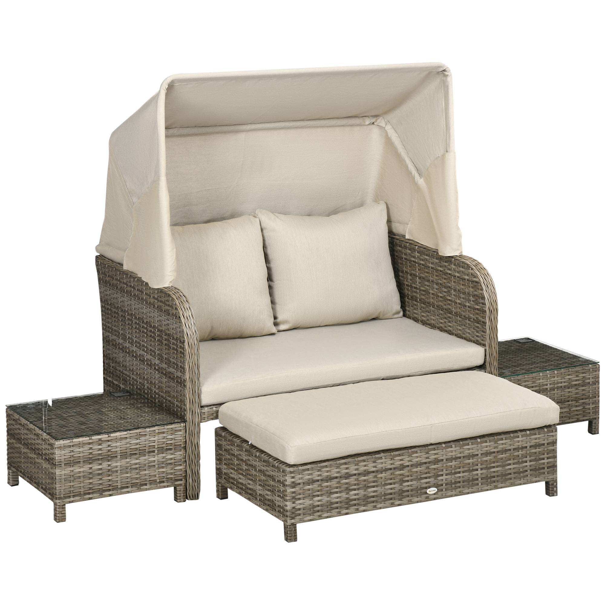 Outsunny - Ensemble salon de jardin 2 places 4 pcs - canapé, repose-pieds, 2 tables basses - coussins inclus - résine grise polyester kaki - Outsunny - Image 1
