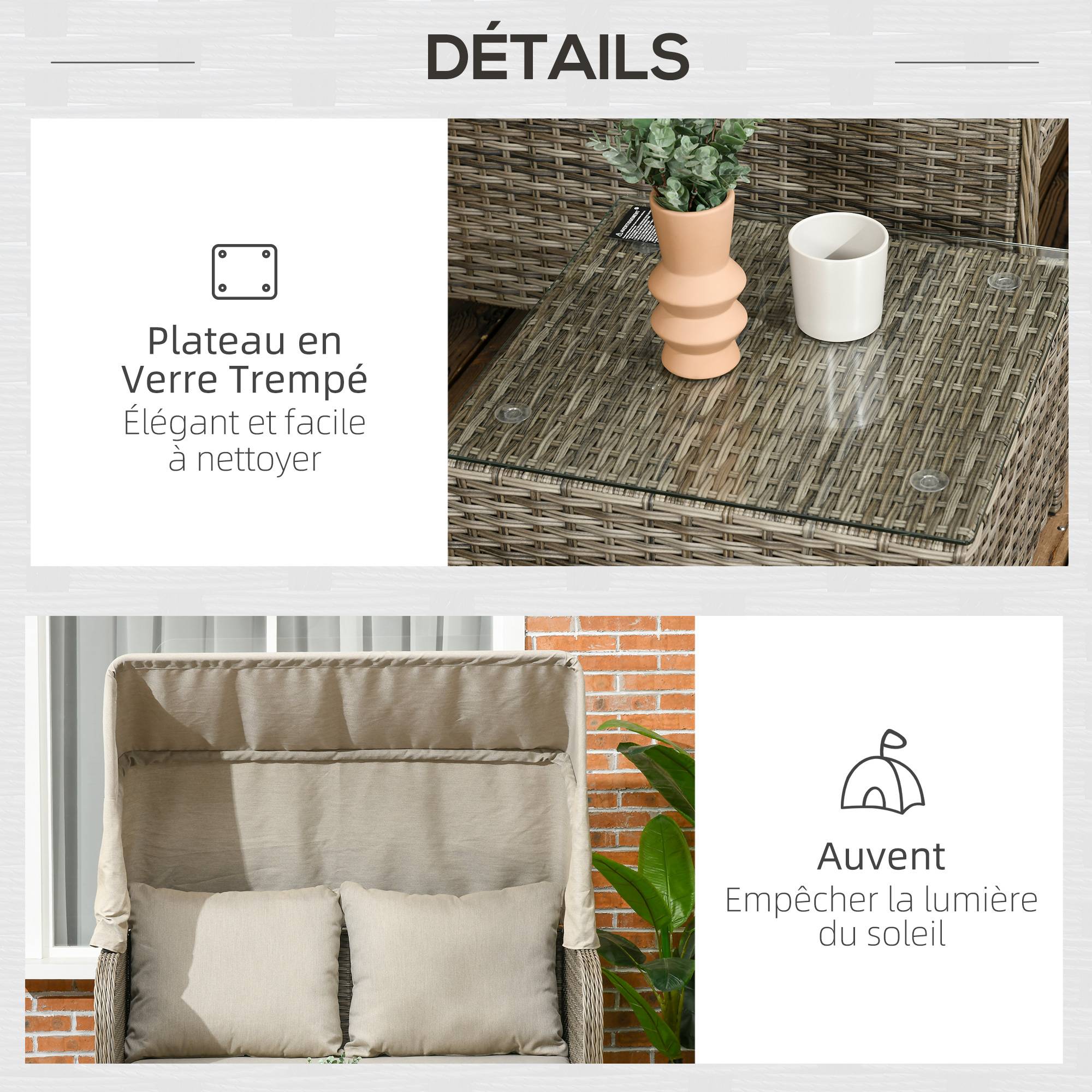 Outsunny - Ensemble salon de jardin 2 places 4 pcs - canapé, repose-pieds, 2 tables basses - coussins inclus - résine grise polyester kaki - Outsunny - Image 6