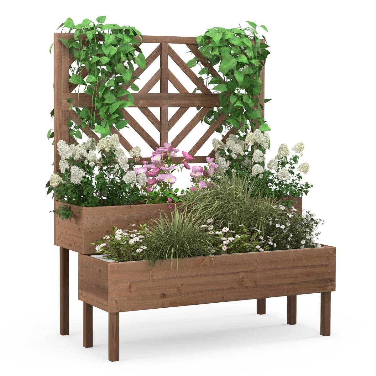Helloshop26 - Jardinière avec treillis à 2 niveaux en bois de sapin bac à fleurs rectangulaire avec trou de drainage pour plante grimpante café - Image 1