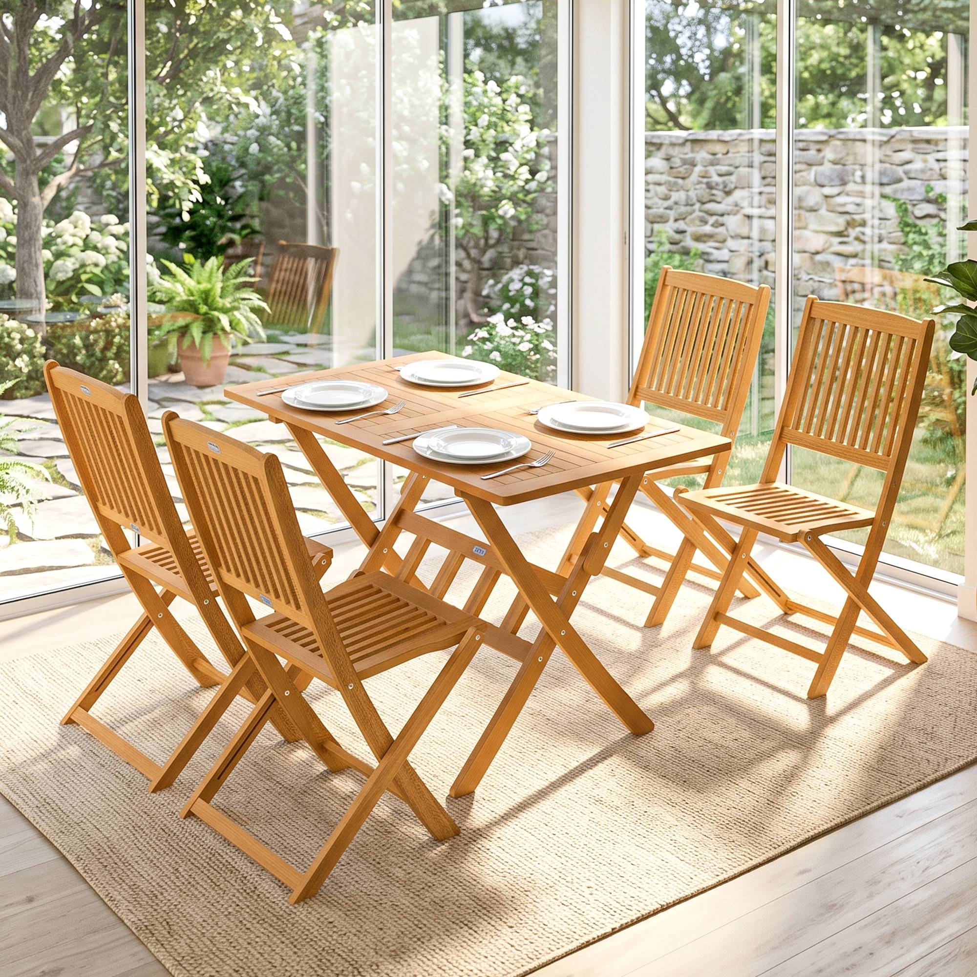 ComfortXL - Salon de jardin 5 pièces acacia naturel table et 4 chaises pliantes terrasse balcon extérieur gain de place - Image 9
