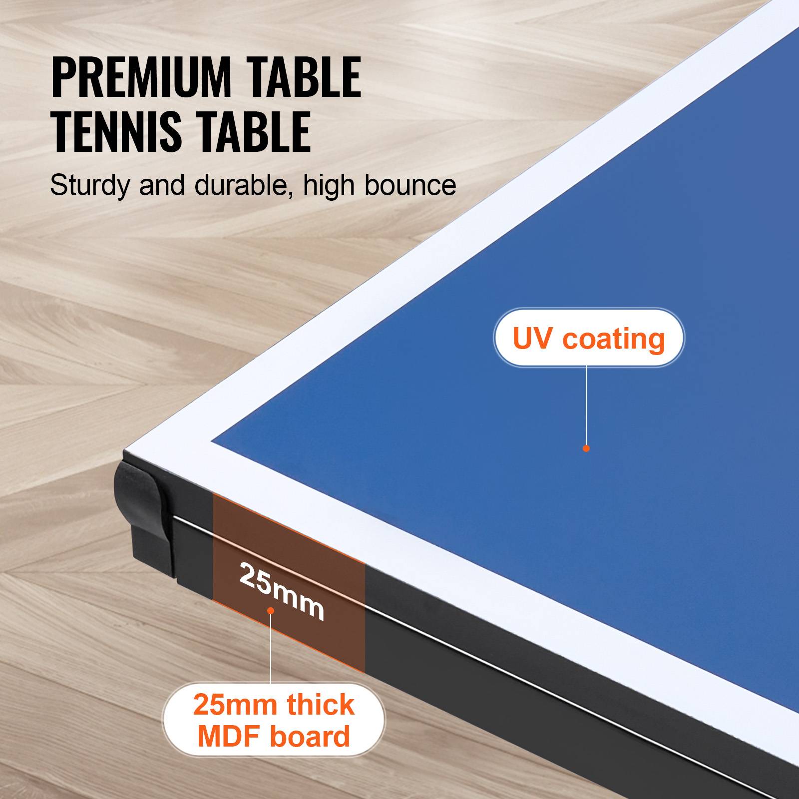 VEVOR Table ping-pong pro pliable, MDF 25 mm, filet rapide, roues verrouillables. - Image 3