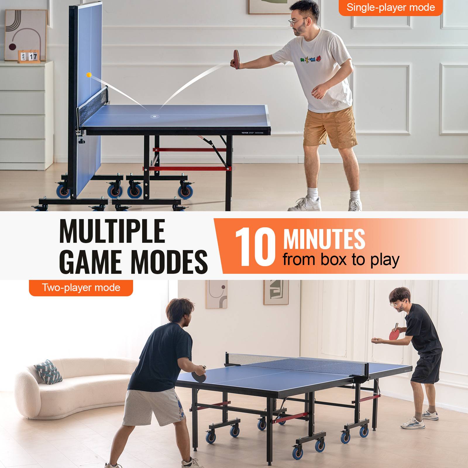 VEVOR Table ping-pong pro pliable, MDF 25 mm, filet rapide, roues verrouillables. - Image 4