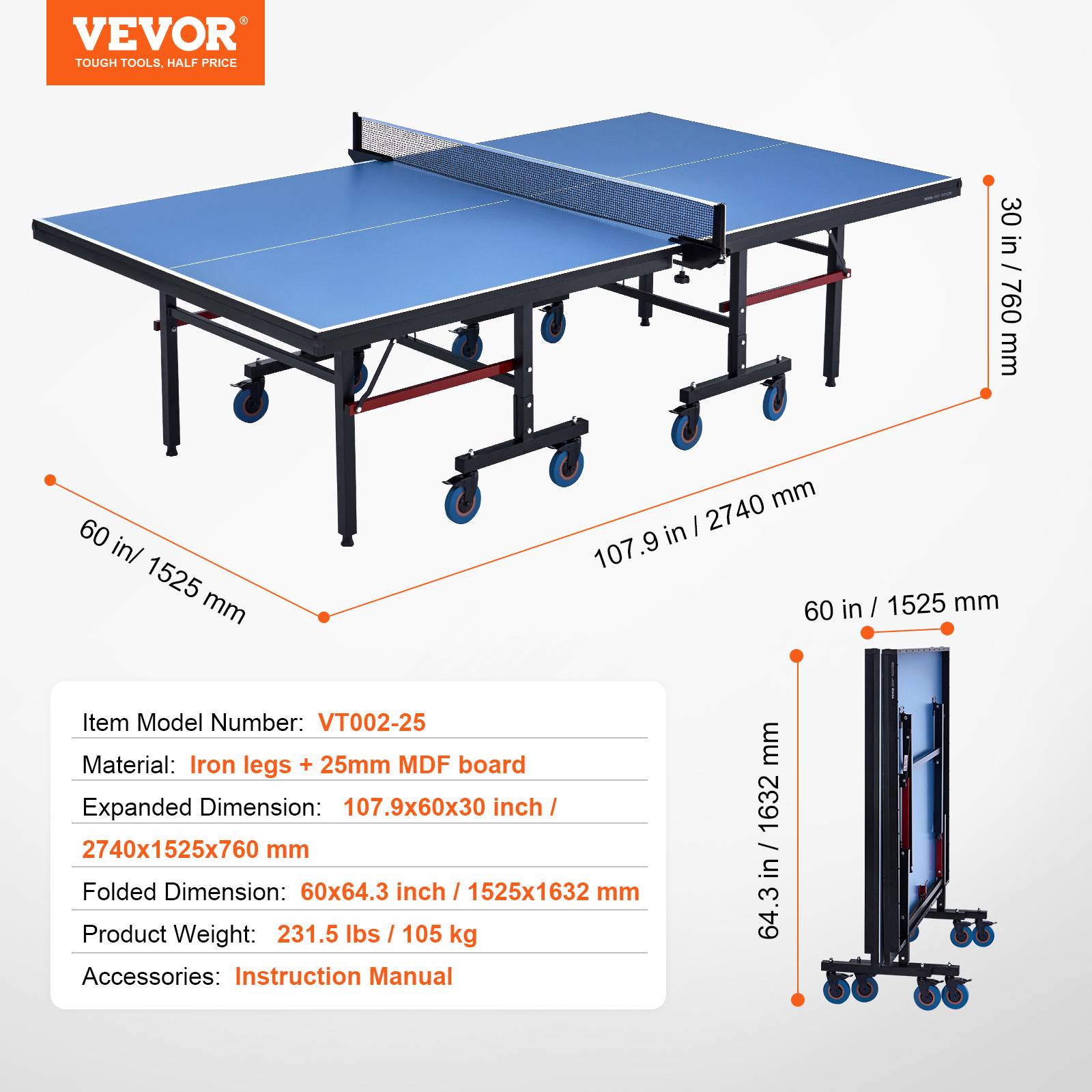 VEVOR Table ping-pong pro pliable, MDF 25 mm, filet rapide, roues verrouillables. - Image 7
