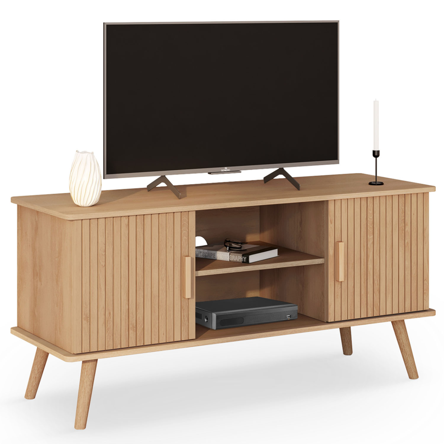 Meuble TV 110 cm JULIETTE 2 portes lattes tasseau bois coloris chêne - Image 2
