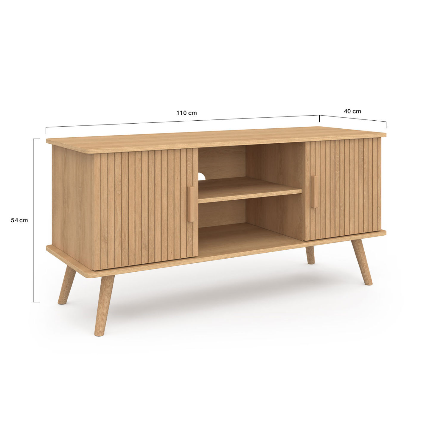 Meuble TV 110 cm JULIETTE 2 portes lattes tasseau bois coloris chêne - Image 5