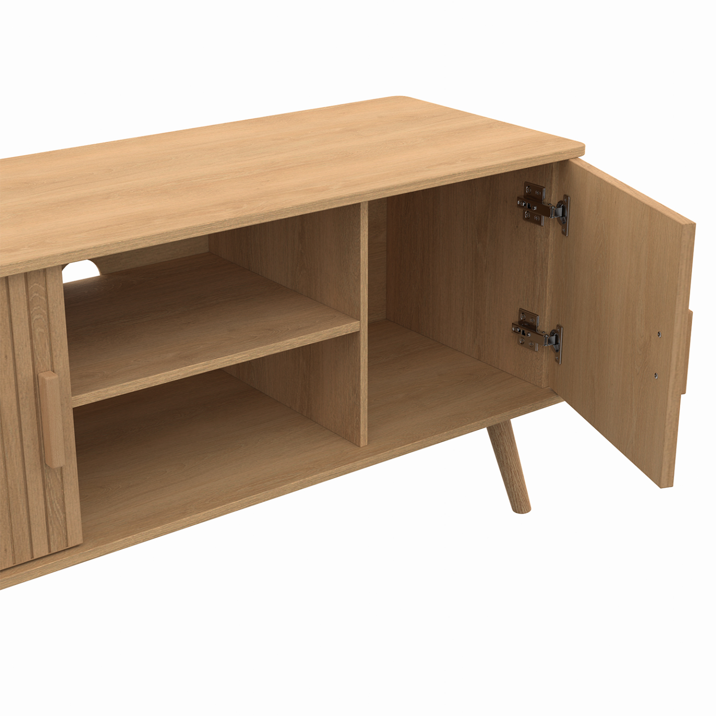 Meuble TV 110 cm JULIETTE 2 portes lattes tasseau bois coloris chêne - Image 6