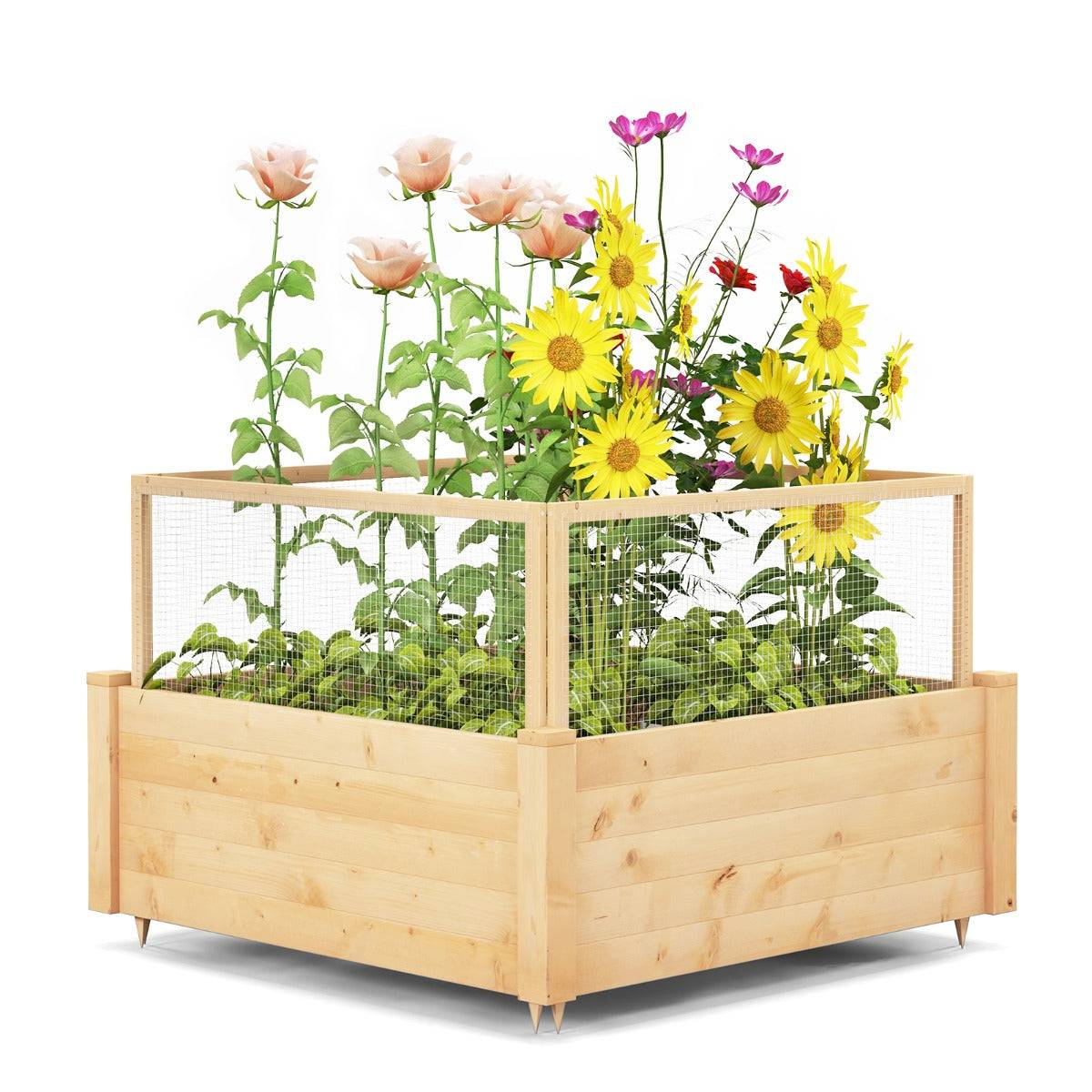 Jardinière carre potager extérieur en bois de sapin avec clôture de protection et grille de culture pour fleur légume fruit - Image 3