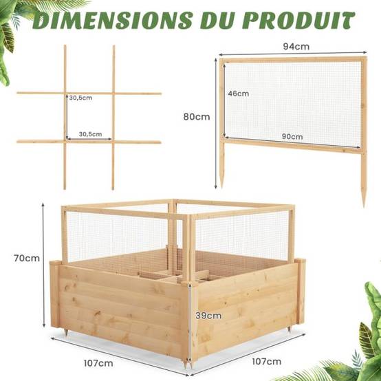 Jardinière carre potager extérieur en bois de sapin avec clôture de protection et grille de culture pour fleur légume fruit - Image 6