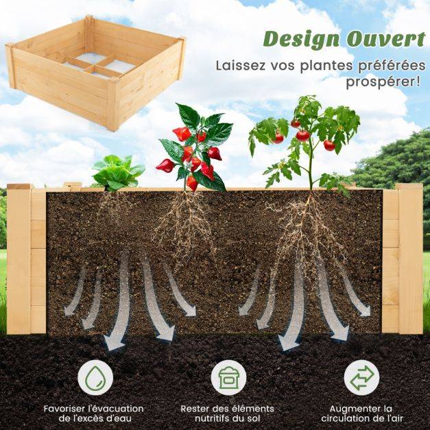 Jardinière carre potager extérieur en bois de sapin avec clôture de protection et grille de culture pour fleur légume fruit - Image 4