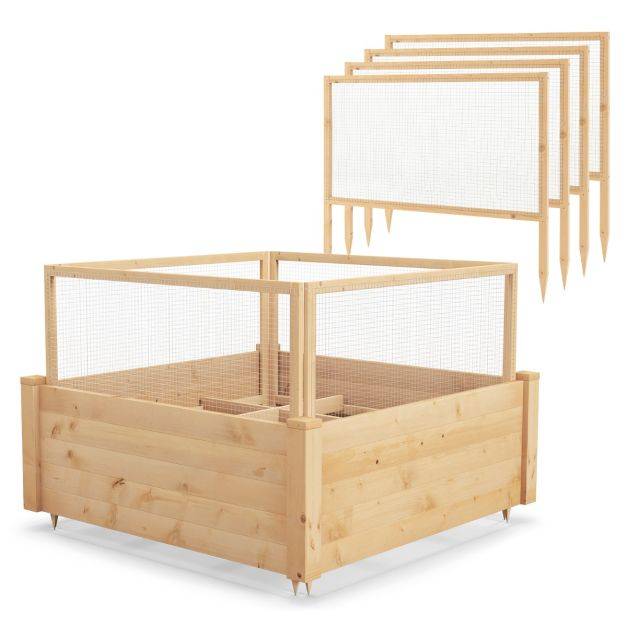 Jardinière carre potager extérieur en bois de sapin avec clôture de protection et grille de culture pour fleur légume fruit - Image 1