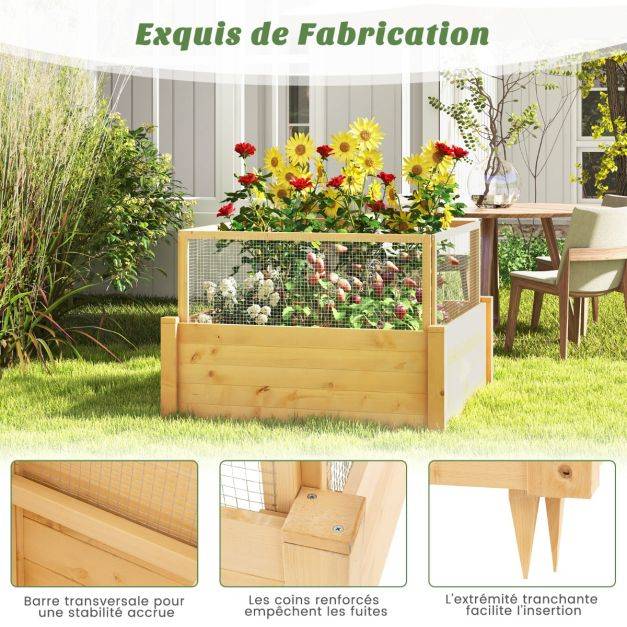 Jardinière carre potager extérieur en bois de sapin avec clôture de protection et grille de culture pour fleur légume fruit - Image 2