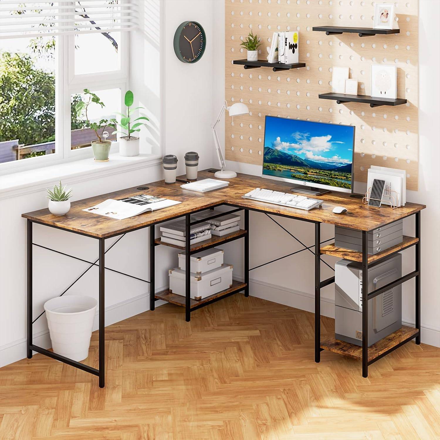 Bureau d'ordinateur en Forme de L, Bureau d'angle Convertible de 151cm 4 Étagères de Rangement Support CPU, 2 Façons d’Assembler, Charge 180 kg - Image 2
