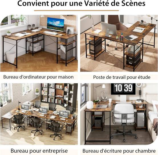 Bureau d'ordinateur en Forme de L, Bureau d'angle Convertible de 151cm 4 Étagères de Rangement Support CPU, 2 Façons d’Assembler, Charge 180 kg - Image 4
