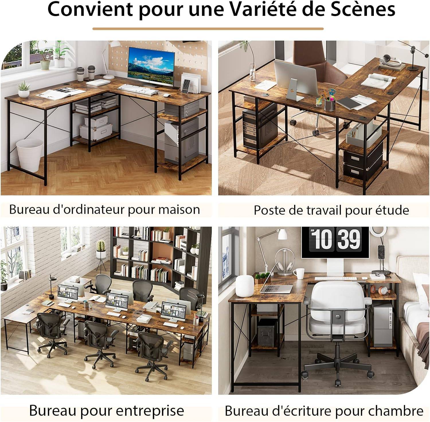 Bureau d'ordinateur en Forme de L, Bureau d'angle Convertible de 151cm 4 Étagères de Rangement Support CPU, 2 Façons d’Assembler, Charge 180 kg - Image 4
