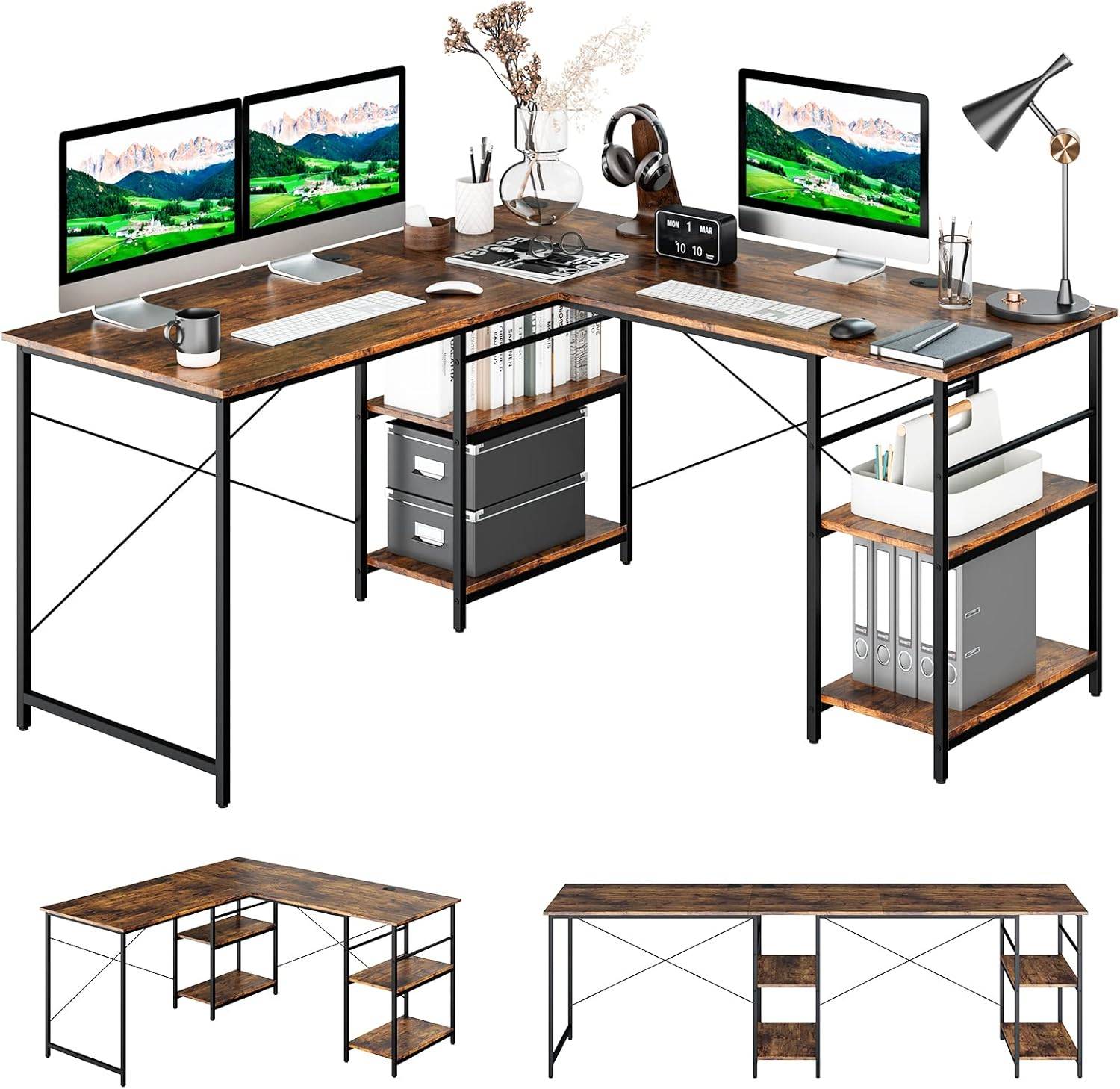 Bureau d'ordinateur en Forme de L, Bureau d'angle Convertible de 151cm 4 Étagères de Rangement Support CPU, 2 Façons d’Assembler, Charge 180 kg - Image 1