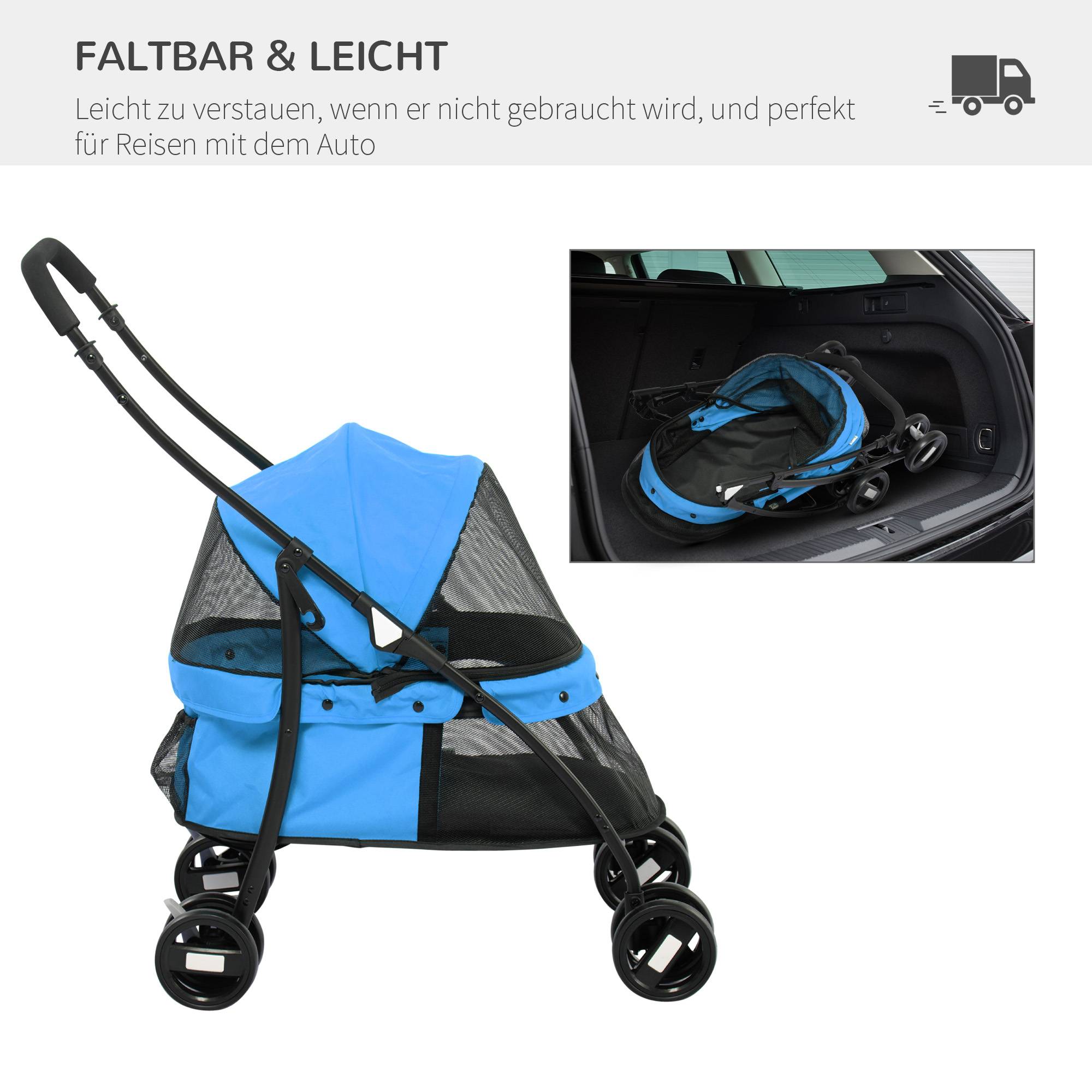 Poussette pour chien, capote réglable, fenêtre en filet, fermeture éclair, acier, 82 x 47 x 97 cm, bleu/noir - Image 8