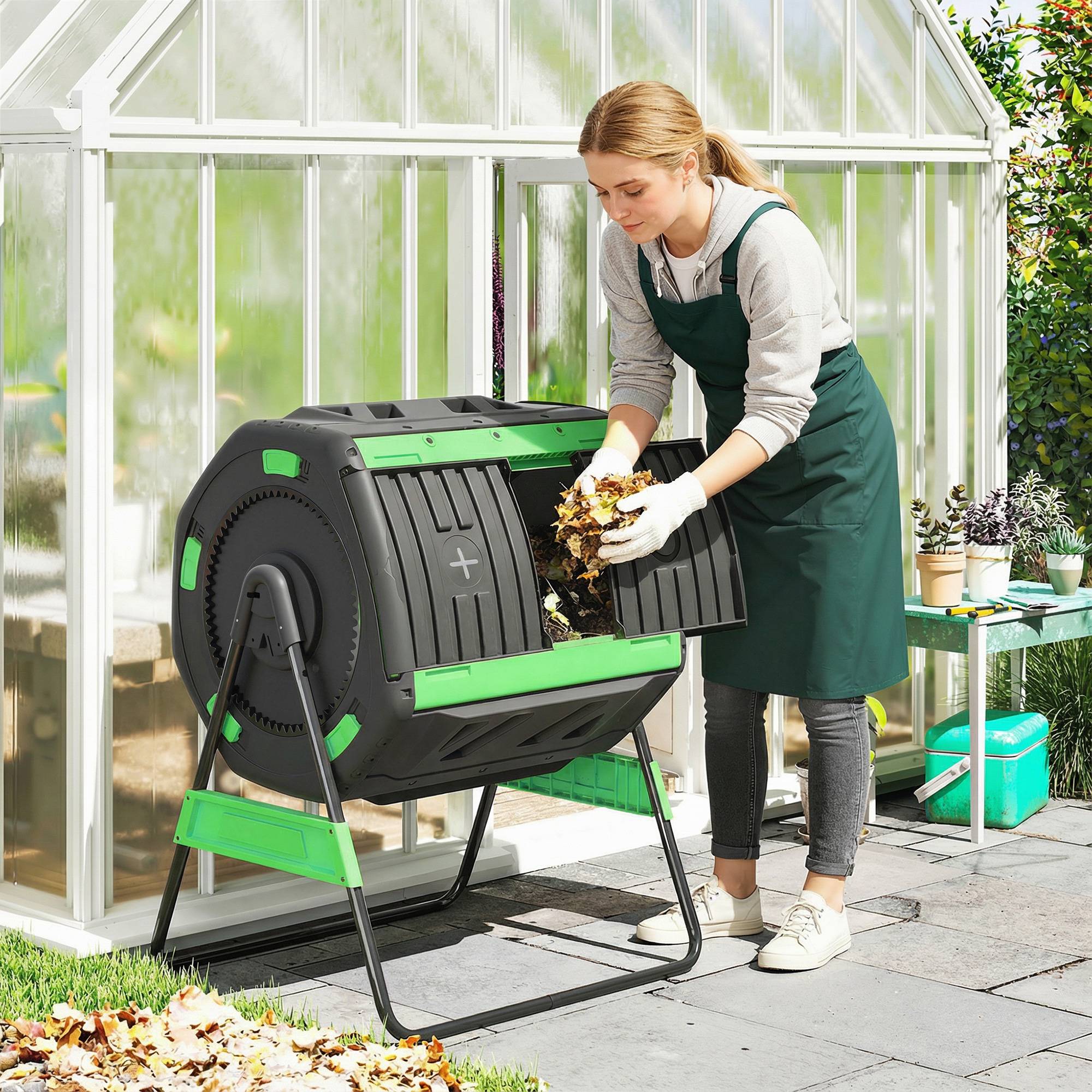 ComfortXL - Composteur rotatif PP 200 L vert double chambre pour jardin aération réglable - ComfortXL Outdoor Living - Image 3