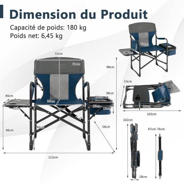 Helloshop26 - Chaise de camping pliante avec table latérale et sac isotherme charge 180kg sac de rangement sangle portable bleu - Image 6