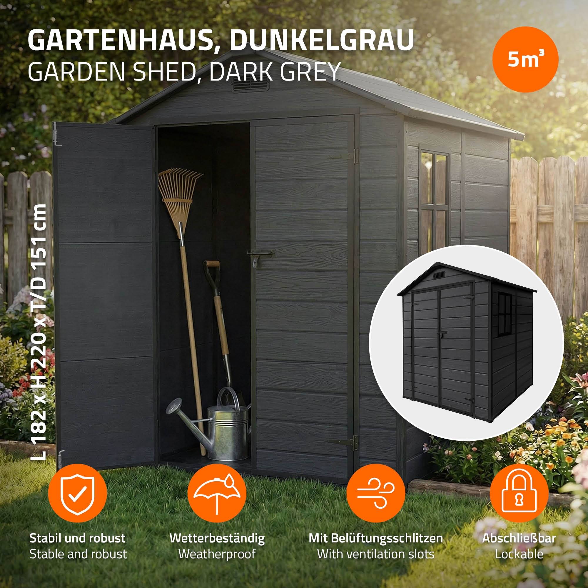 Abri de jardin en résine PP 5 m³ gris foncé avec plancher toit double pente fenêtre porte double ventilation cabane de rangement 151x182x220 cm - Image 3