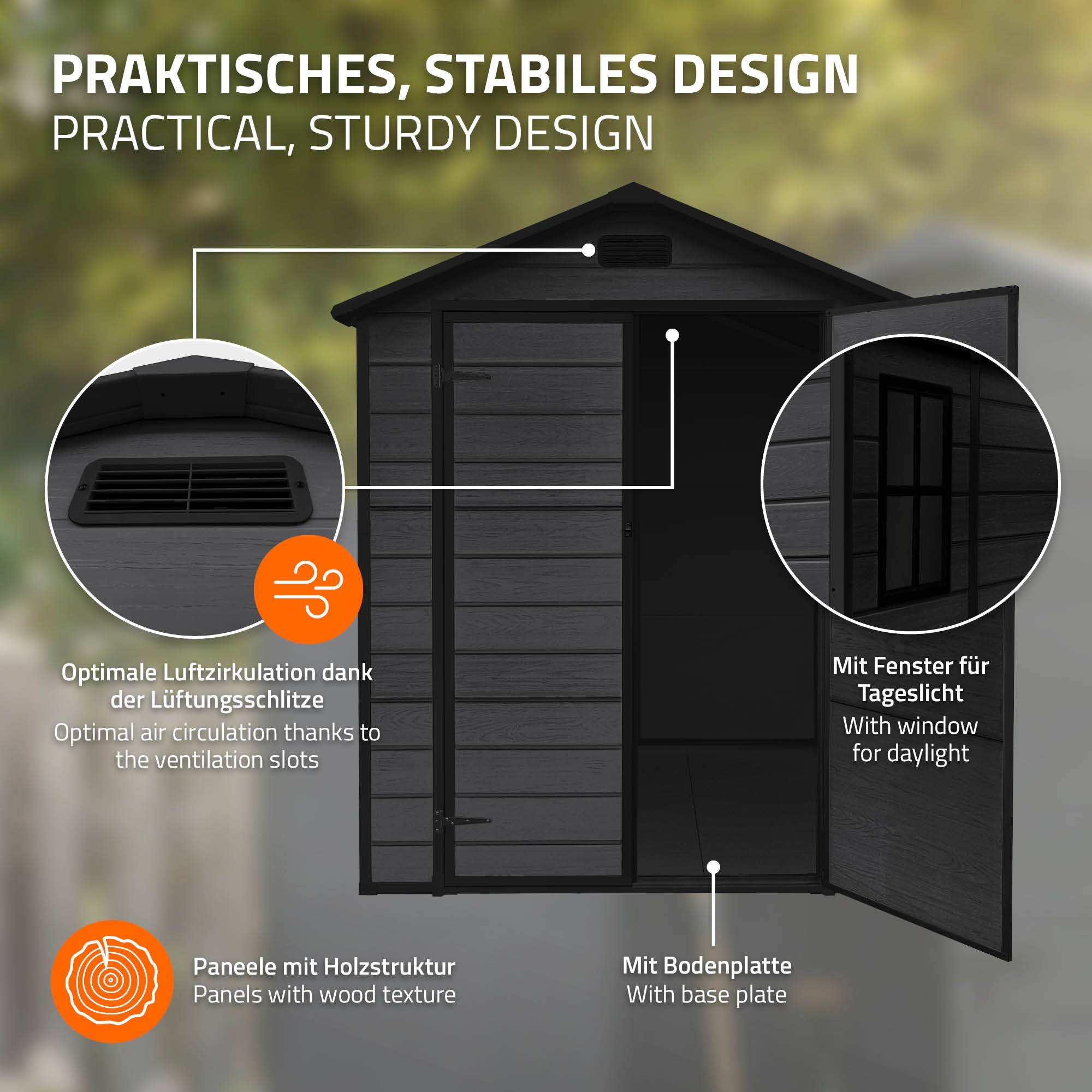 Abri de jardin en résine PP 5 m³ gris foncé avec plancher toit double pente fenêtre porte double ventilation cabane de rangement 151x182x220 cm - Image 4